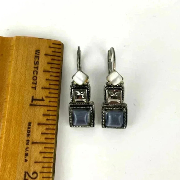 Rhinestone Square Trio Cabochon Silver Tone Metal Earrings 1.5" Jewelry - Picture 8 of 9